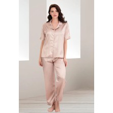 Nightlove Lady Kısa Kol Ince Çizgili Saten Pijama Takım
