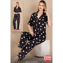 Nightlove Lady Saten Siyah Renkli Kalp Desenli Kısa Kollu 2 Li Saten Pijama Takımı