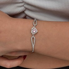 Gumush Hk Gümüş Kadın Bileklik Pembe Zirkon Taşlı Kalp Bileklik|gümüş Takı Hediyelik Ürünler