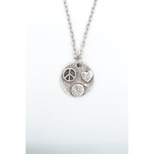 Alooya Barış Sembolü - Kalp -Gülen Surat Gümüş Kaplama Düz Zincir Kolye