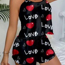 Aşk Temalı Kalp Desenli Siyah Saten Şortlu Gecelik Takım Siyah