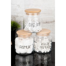 3'lü 500ML Ahşap Kapaklı Cam Pamuk ve Diş Ipi Banyo Seti, Gri