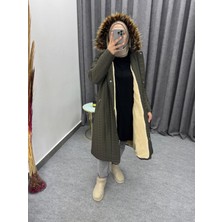 TUTveAL Collection Kadın Içi Kürklü Mont Uzun Kapitone Mont Kapüşonlu Büyük Beden Mont - HAKİ-52