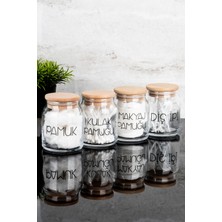 4’lü Ahşap Kapaklı Cam Seti, Şeffaf Etiketli Pamuk, Makyaj ve Bakım Malzemeleri