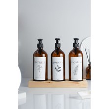 Renkli Ahşap Standlı 3'lü Duş Seti, Amber Cam Şişe 500 Ml, Şık ve Kullanışlı