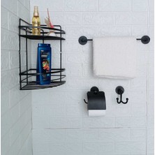 Yapışkanlı 2 Katlı Köşelik Uzun Havluluk Kapaklı Tuvalet Kağıtlık Bornoz Askısı Seti Siyah