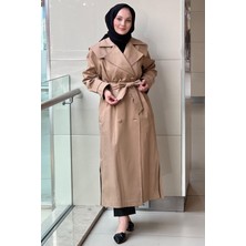 Nuss 6023 Kruvaze Yaka Kuşaklı Yırtmaçlı Tam Boy Trençkot