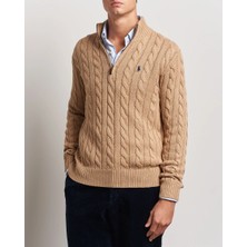 Polo Ralph Lauren Erkek Örgü Dokulu Kahverengi Yarım Fermuar Triko Kazak