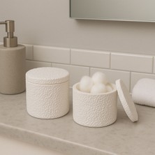 Doğal Dokulu Beton Kapaklı Banyo Kutusu ve Pamukluk Seti, Beyaz