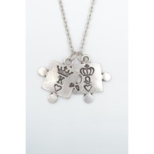 Alooya Puzzle - Queen - King - Sevgili Gümüş Kaplama Düz Zincir Kolye