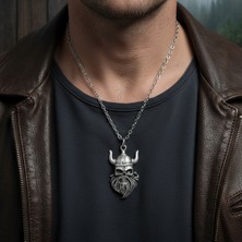 Alooya Viking Sakallı Kuru Kafa Gümüş Kaplama Düz Zincir Kolye