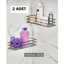 2'li Güçlü Magic Yapışkan Askılı Dikdörtgen Banyo Rafı, Mat Siyah