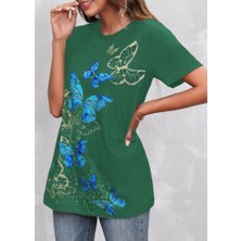 Etiler Collection Kadın Kısa Kollu Mavi Sarı Kelebek Baskı Süprem T-Shirt