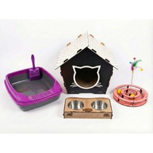 Ikonixpet 4'lü Kedi Başlangıç Seti: Ahşap Kedi Evi, Kedi Tuvaleti, Çelik Mama Kabı ve Oyun Parkuru