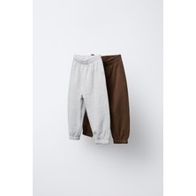 Magu Unisex Çocuk Pamuklu 2'li Eşofman Altı Seti – Gri & Kahverengi Rahat Elastik Bel