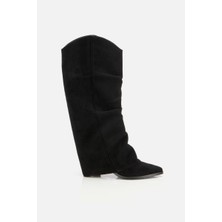Yaya By Hotiç Kadın Süet Siyah Dikiş Detaylı Western Kalın Topuklu Çizme