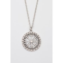 Alooya Viking Pusula Kolye (Vegvisir) - Düz Ezme İthal Zincirli Unisex Gümüş Kaplama - 60 cm