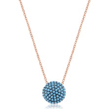 Emiliano Jewellery Turkuaz Taşlı Rose Altın Kaplama 10.8 mm Yuvarlak Gümüş Kolye