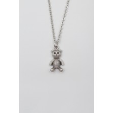 Alooya Oyuncak Ayı Düz Ezme Zincir Kolye - Antik Gümüş Kaplama - Kadın Erkek - 60 cm