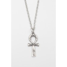 Alooya Ankh Yaşam Kolye - Düz Ezme İthal Zincirli Unisex Gümüş Kaplama Mısır Sembolü - 60 cm