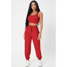 İmoda Kadın Kırmızı Kaşkorse Cepli Jogger Eşofman Altı ve Crop Top Bluz
