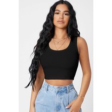 İmoda Kadın Siyah Kare Yaka Crop Top Bluz