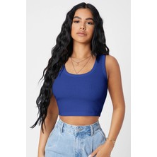 İmoda Kadın Lacivert Kare Yaka Crop Top Bluz %11 Elastan Kumaş ile Günlük Kullanım İçin