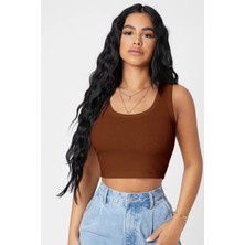 İmoda Kadın Kahverengi Kare Yaka Crop Top Bluz %11 Elastan Günlük Stil Kolsuz