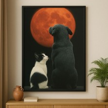 Buzz Designs Köpek ve Kedi – Ay Işığı Dostluk Tablosu (Çerçeveli)