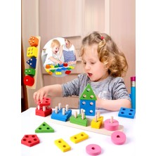 Ahşap Geometrik Şekiller Beşli Bultak Yapboz Eğitici Oyuncak