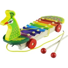Beyaz Ahşap Tekerli Figürlü Çekçek ve Ksilofon Tavus Kuşu Oyun Seti