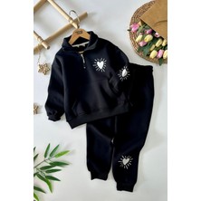 Miniğimin Cicileri Kalp Işleme Detaylı Kışlık Kanguru Cepli Kız çocuk takım - Siyah