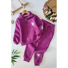 Miniğimin Cicileri Kalp Işleme Detaylı Kışlık Kanguru Cepli Kız çocuk takım - Mor