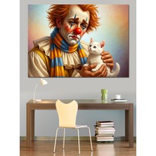 Tablo Mega Beyaz Kedili Üzgün Palyaço Illüstrasyon Dekoratif Kanvas - Mdf Ahşap Tablo