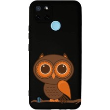 PrintiFy Realme C21Y ile Uyumlu Baykuş (0214A) Tasarımlı Siyah Lansman Silikon Kılıf