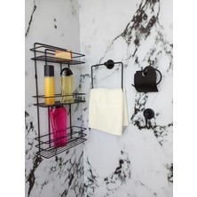 Yapışkanlı 3 Katlı Banyo Aksesuar Seti, Siyah, Raf, Havluluk, Tuvalet Kağıtlığı, Bornozluk