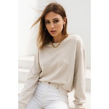 Rich Kadın Bej Pamuklu Interlock Oversize Sweatshirt