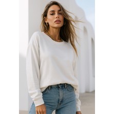 Rich Kadın Ekru Pamuklu Interlock Oversize Sweatshirt
