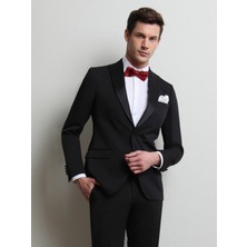 Kip Siyah Düz Slim Fit Kruvaze Yaka Dokuma Smokin Takım Elbise