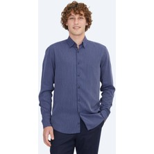 Kip Lacivert Çizgili Regular Fit Dokuma Casual Gömlek