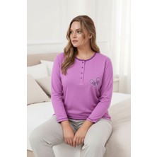 Mamayaga Kadın Bisiklet Yaka Düğmeli Kelebek Nakışlı Uzun Kol Büyük Beden Pamuk Curve Gecelik