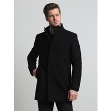 Kip Siyah Regular Fit Dik Yaka Klasik Dokuma Palto