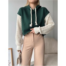 Mamayaga Kadın Kolları Örgü Triko Süper Şık Tasarım Oversize Crop Boy Yeşil Sweatshirt