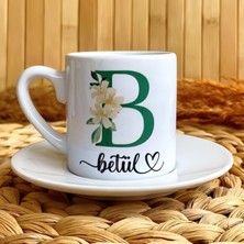 Loren Gift Yeşil Çiçekli Harf Temalı Kişiye Özel Isimli Türk Kahvesi Fincanı – Porselen 90 ml