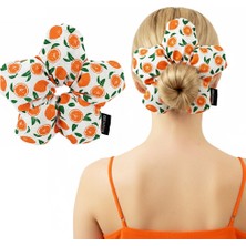Woodycord El Yapımı Portakal Desenli Beyaz Çiçek Scrunchie Topuz Tokası