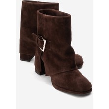 Luvi Lore Kahverengi Süet Hakiki Deri Tokalı Kadın Topuklu Bot