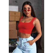 İmoda Kadın Kırmızı Kalın Askılı Crop Top Büstiyer