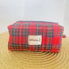 idiluna Kırmızı Ekose Kapitoneli ve Astarlı Şık Makyaj Çantası