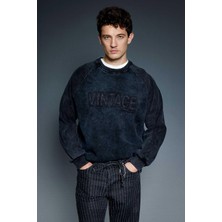 Abluka Online Erkek Oversize Yıkamalı Vintage Nakış Detaylı Sweatshirt Siyah