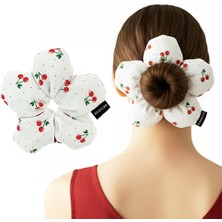 Woodycord El Yapımı Kiraz Desenli Beyaz Çiçek Scrunchie Topuz Tokası
